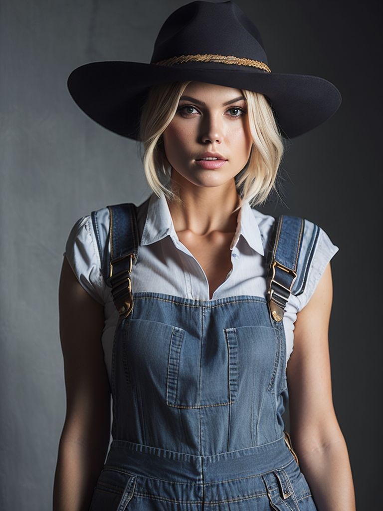 Portrait of an 21 year old elisha cuthbert from the movie the girl next door, wearing demin overalls with a large bust and a cowboy hat