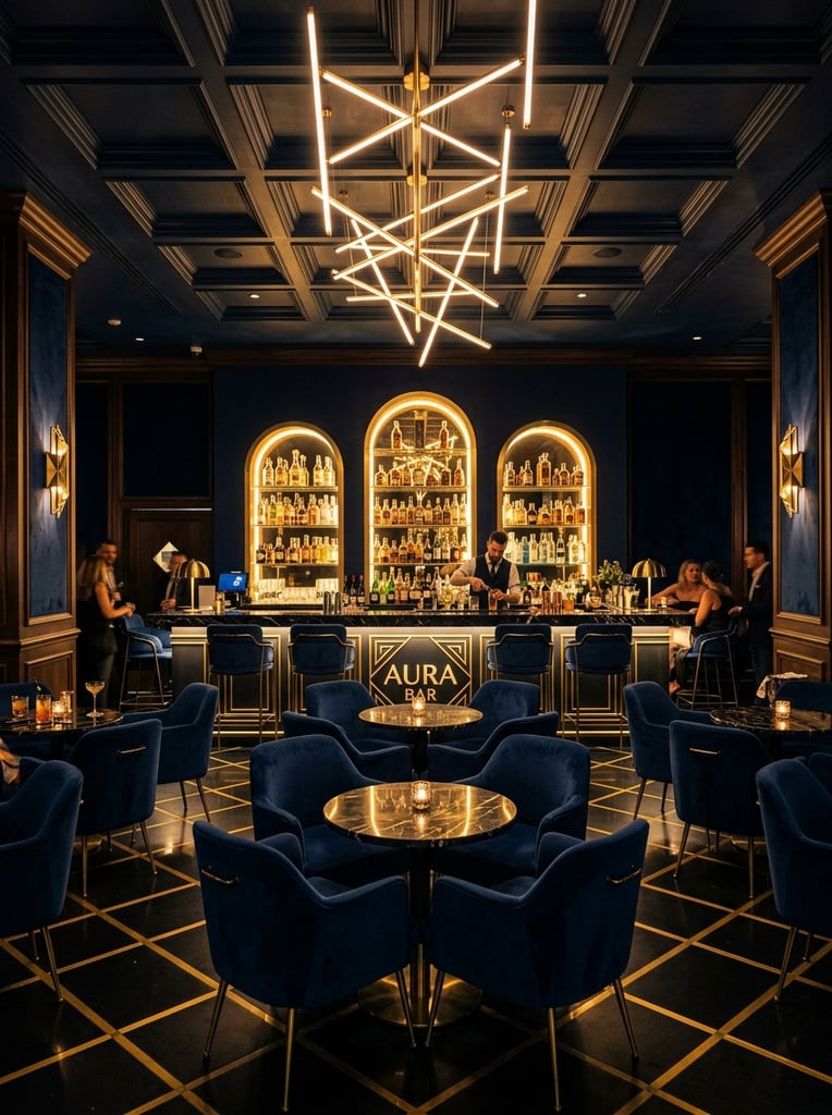 A luxurious cocktail bar interior defined by deep navy tones and high-contrast golden geometric lighting. Plush blue velvet armchairs with thin brass legs surround round marble tables in the foreground. Behind them, a long bar counter with sleek stools faces a dark wall featuring three glowing arched alcoves filled with backlit bottles. A complex chandelier of intersecting illuminated rods hangs from a coffered ceiling, casting warm light onto a striking black floor inlaid with a gold diamond pattern.