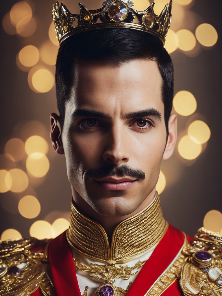 Portrait of Freddie Mercury wearing the Queen's crown, royal mantle, Vivid saturated colors, Contrast light, studio photo, professional photo, Detailed image, detailed face