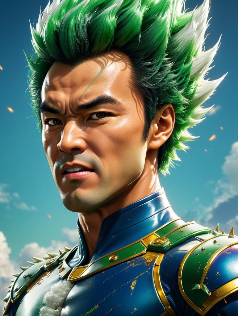 bruce lee as Dragon Ball character Vegeta, aggressive face, green and white suit, spiky hairstyle, bright saturated colors, bright gradient background,