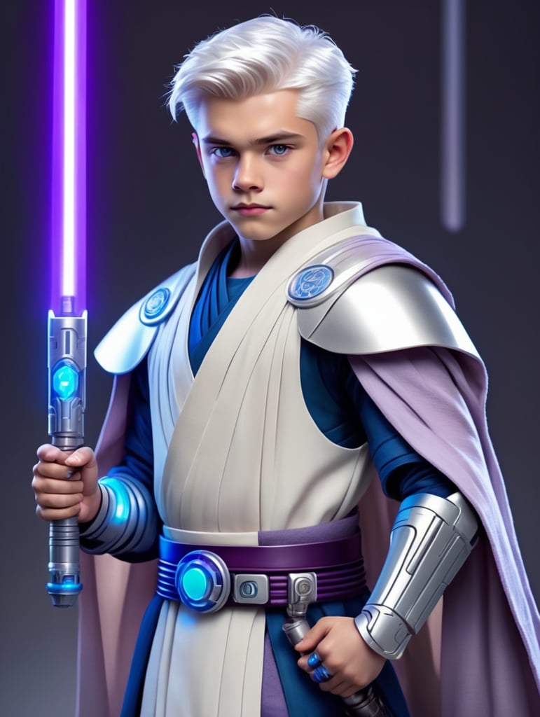Star wars cute pale Padawan twink with white hair, cybernetic arm, and has a purple light saber and blue gray Jedi robes