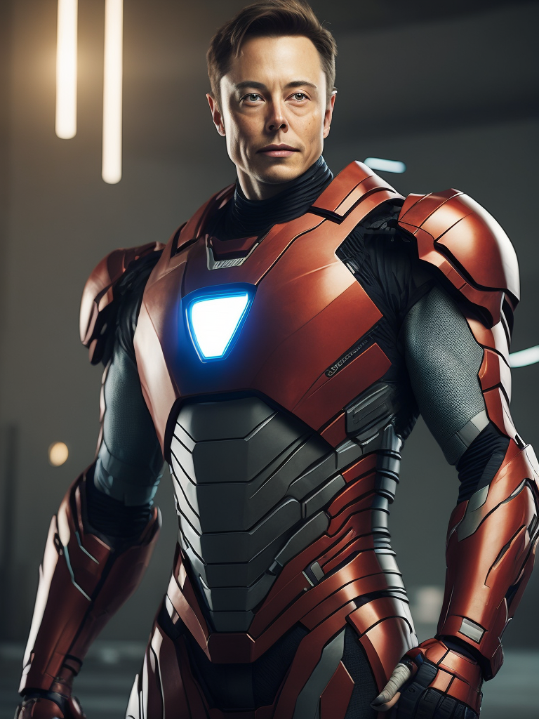 Elon Musk in the Iron Man suit from the Marvel Universe, Full body, high definition, photography, cinematic, detailed character portrait, detailed and intricate environment,