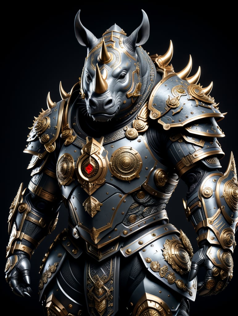 crie um antropomorfo rhino de corpo inteiro usando armadura de tecnologia militar, guerreiro do zodíaco, fundo preto bem definido, bem detalhado, ultra realista e infinito.