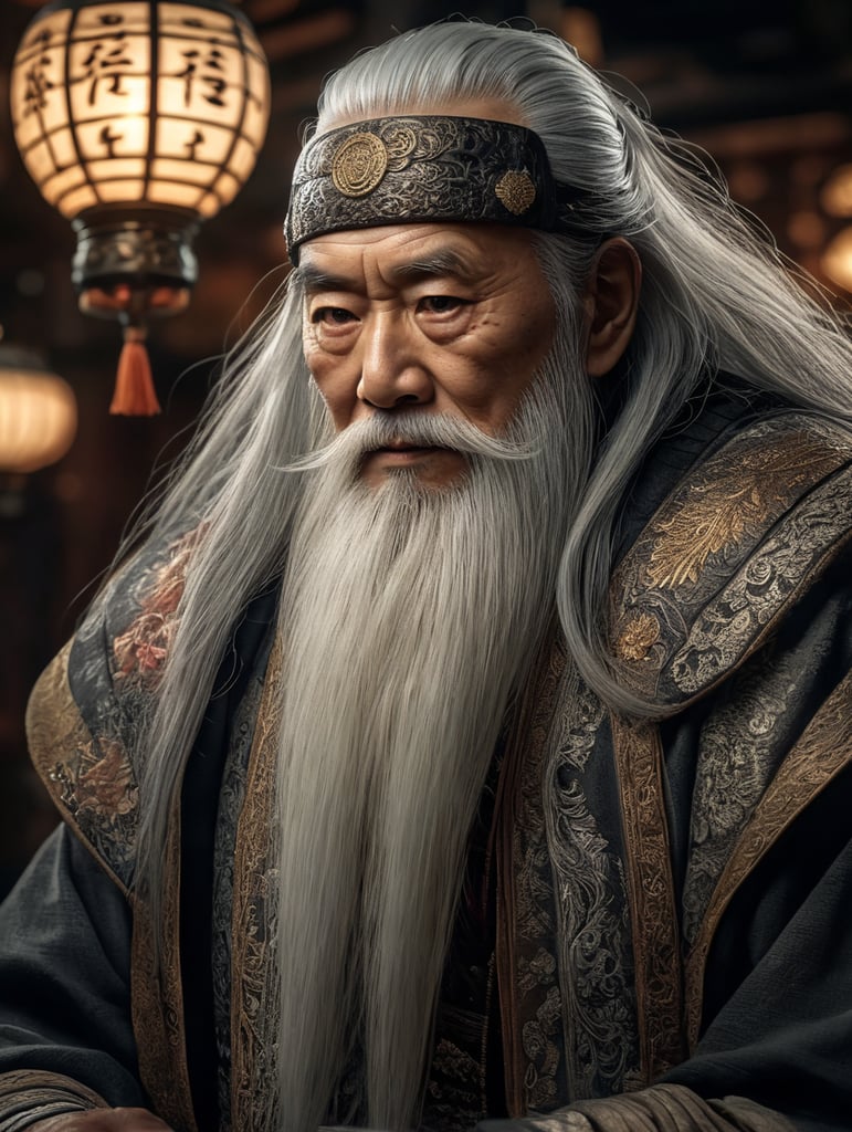 Wise old japanese man from tokyo with a long white beard, intricate, sharp focus, fantasy, cinematic lighting, other worldy, surreal 8k photo, dark moody aesthetic