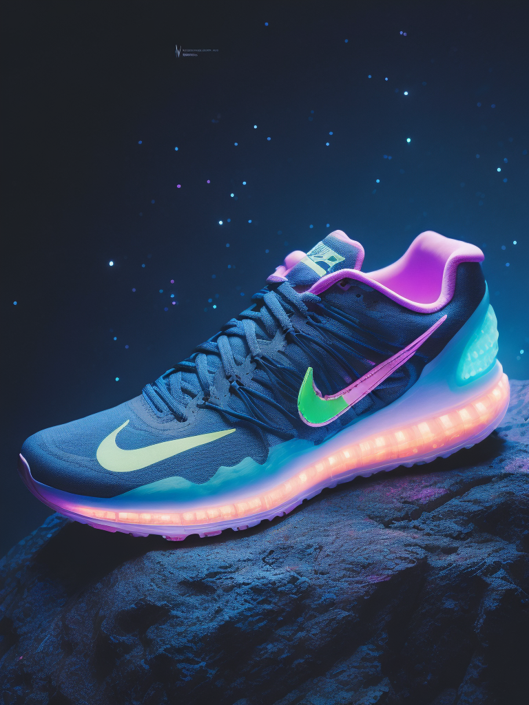 Illustration of a nike sports shoe in neon lights on a rock at night with moon light, bright and saturated colors, highly detailed, sharp focus, fashion magazine style