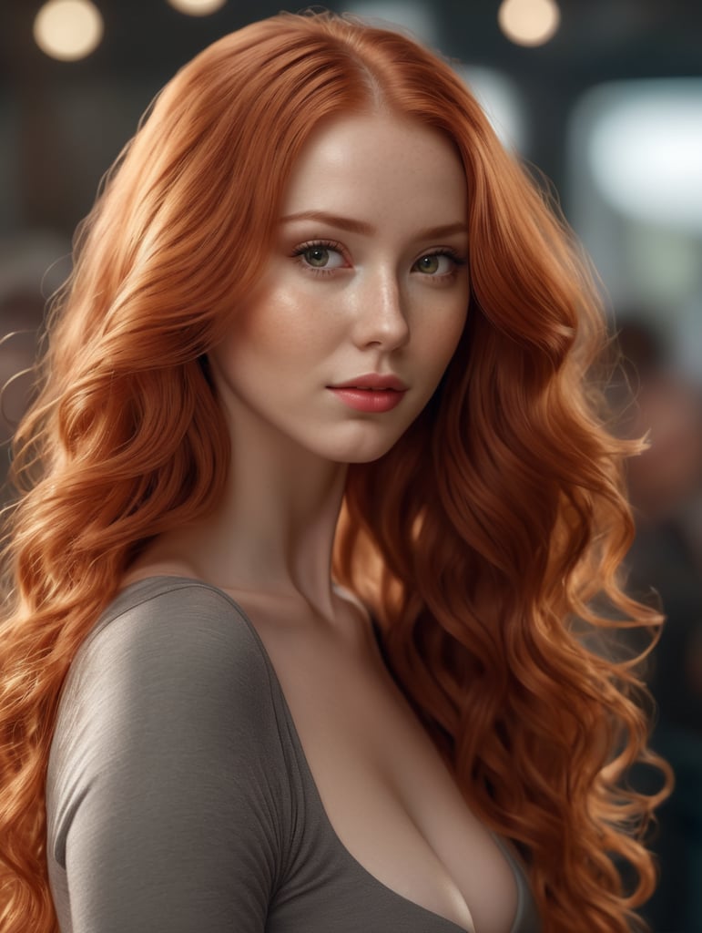 (red-haired girl with very long and thick hair that curls around her body), detailed skin, realistic, photorealistic, 8k, highly detailed, full frame, highly detailed RAW color, diffuse soft lighting, shallow depth of field, sharp focus, hyperrealism, cinematic lighting, bokeh