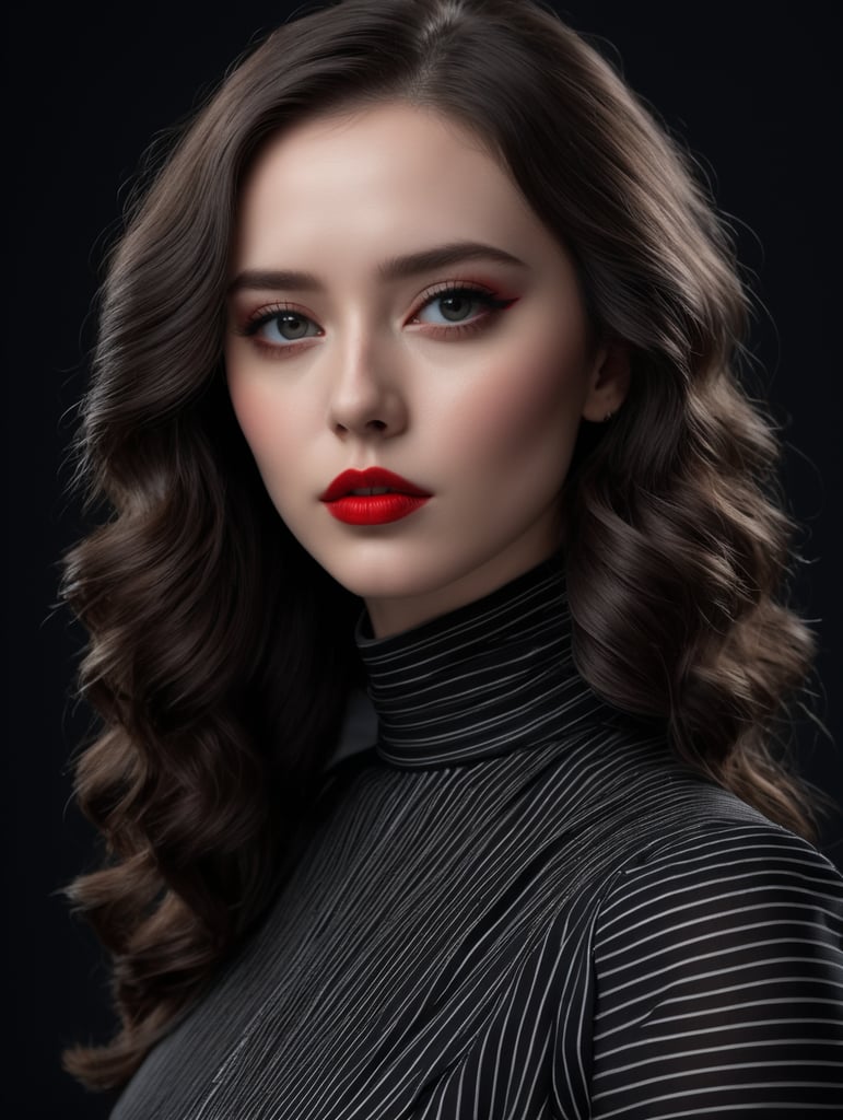 Pale-skinned girl model, wearing a black and white striped dress with a high collar, contrast lighting, Bright red make-up, Black and white curly long hair, fashion model, magazine cover, professional shot, black background