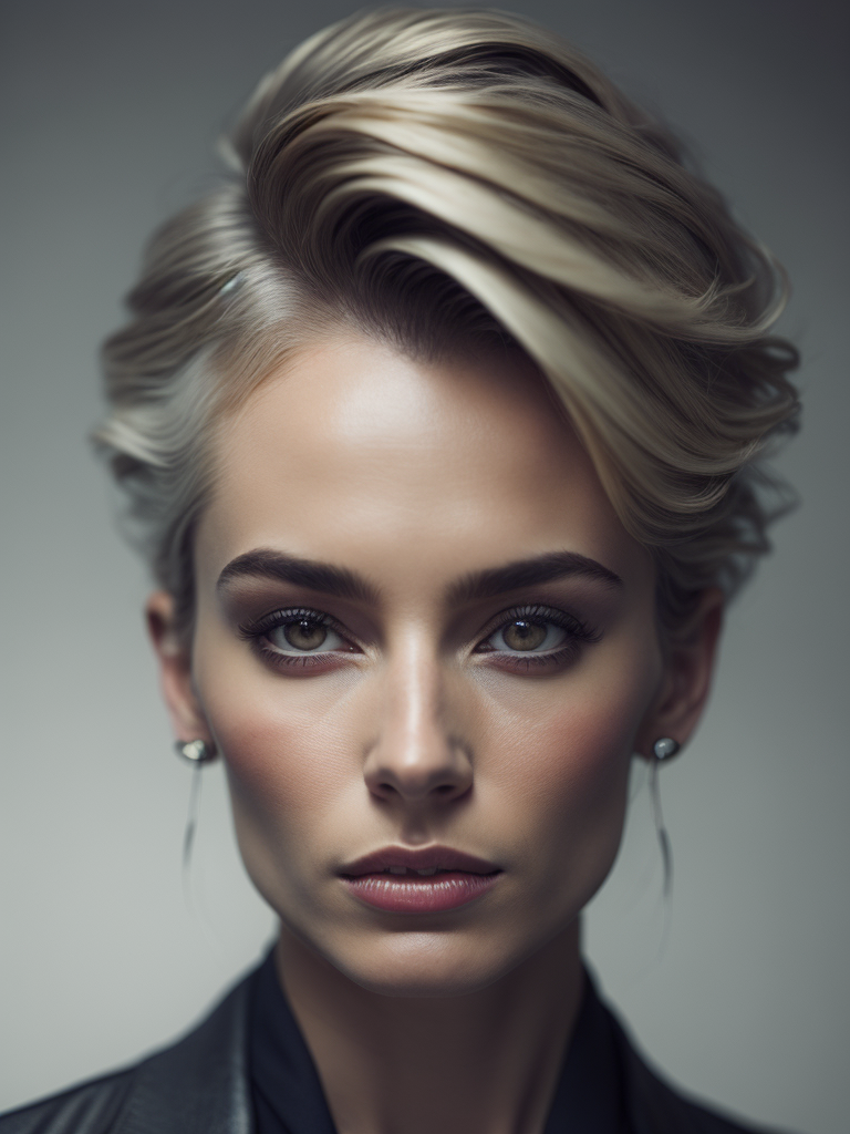 a 42 yo woman, blonde, (hi-top fade:1.3), dark theme, soothing tones, muted colors, high contrast, (natural skin texture, hyperrealism, soft light, sharp)