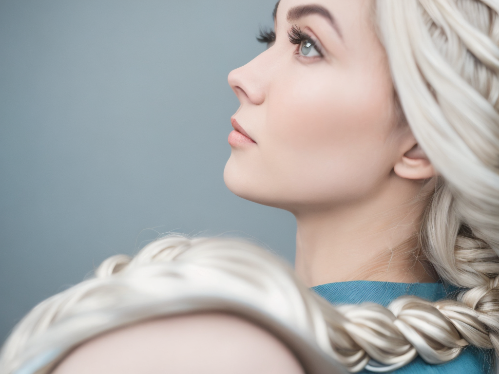 Elsa, Elsa cosplay Disney Frozen, a woman with a braid in her hair looking into the distance with a blue background and a gray wall, a storybook illustration, magical realism, Alice Prin, bravely default inspired