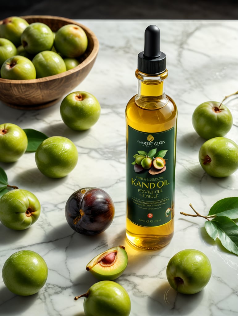 oil bottle professional photo white marble table green kakadu plum fruit natural light refreshing hair oil ingredients