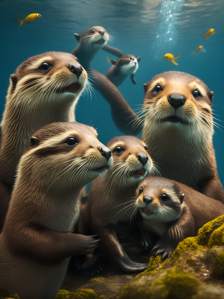 A Family of otters eating fish underwater.