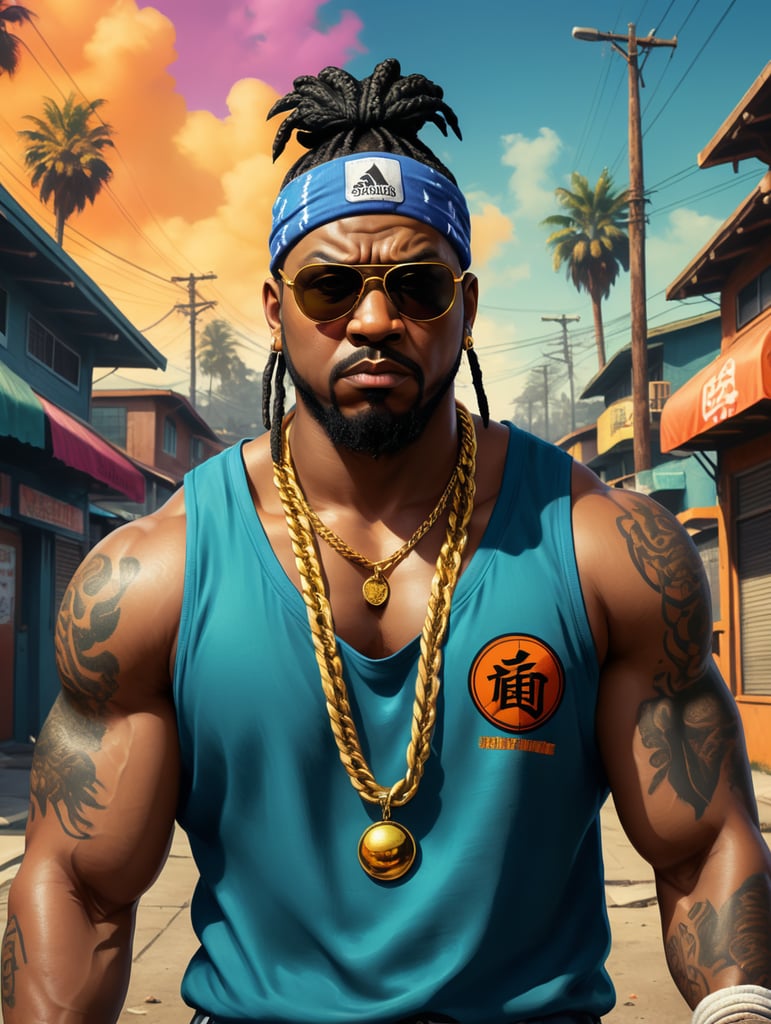 a simple Logo art of A furious, angry furious black crazy fat man ,box braids and cap, sunglasses ,gang member, gangsta 1990's, arms crossed , Loose clothes, royal bandana in your face and baseball jersey , Golden chain ,ultra realistic, intricate details , real colors , 8k , uhd, comic, gta san andreas style , A hood ghetto behind the central image rounded bandana background , Dragon Ball Z style vaporwave