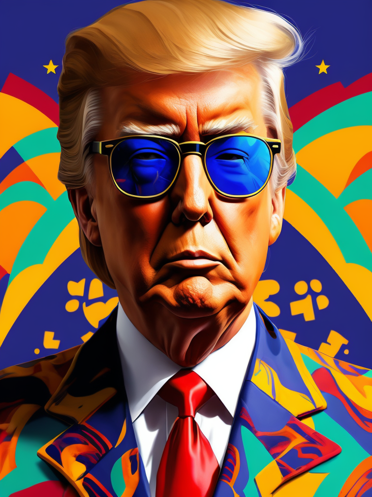 Donald Trump wearing a brightly patterned jacket and wayfarer glasses, Vivid saturated colors, Contrast color