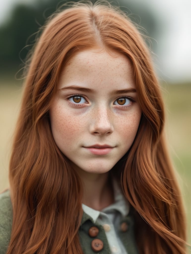 Scottish adolescent female, long auburn hair, brown eyes, freckles