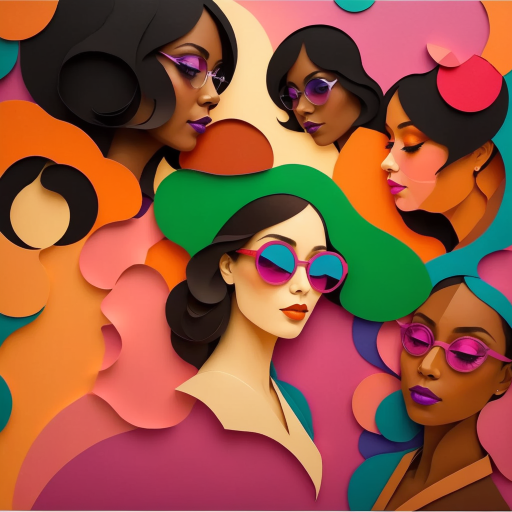 Create a colorful graphic portrait featuring four young diverse women in the vibrant abstract geometric style of artist Jade Purple Brown. The women should have 1970s hairstyles, makeup, and fashion. Compose the image using overlapping circular, oval, and rectangular shapes in bright hues like purple, blue, orange, green, and pink with soft blurred edges in Jade's signature style. Arrange the geometric abstract forms in a dynamic, energetic composition with a sense of rhythm and movement. The women should be interacting, laughing, and exchanging enthusiastic expressions with a joyful, celebratory mood. Apply areas of texture using thick painterly brushstrokes. Emphasize bold graphic stylization over realism for a retro 70s pop art look.