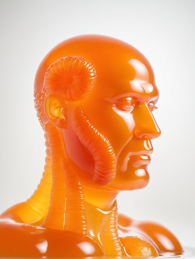 Portrait of a Translucent orange man made from the orange fruit jelly with pice of fruit, organs are visible through the jelly