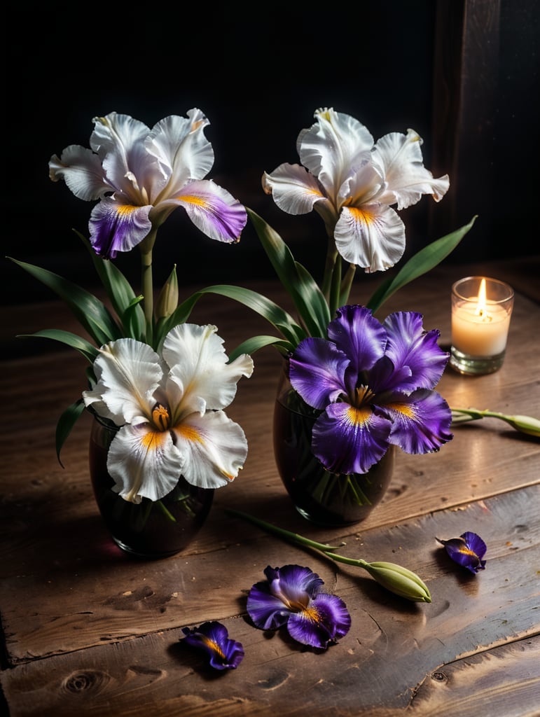 Dos flores sobre una mesa de madera. Tumbadas.Una ieis violeta y otra iris blanca Hay una tarjeta que se apoya en un recipiente vacio de cristal. Ambiente cálido, luz tenue colores poco saturados realista.