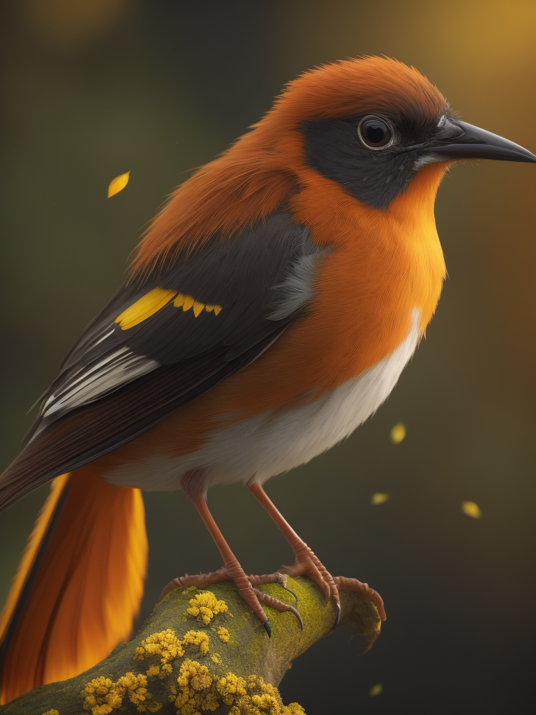 A tiny birdy,looking like a nightingale, just yellow and orange,about 2 cm long. It is standing on an inex finger of a human hand.