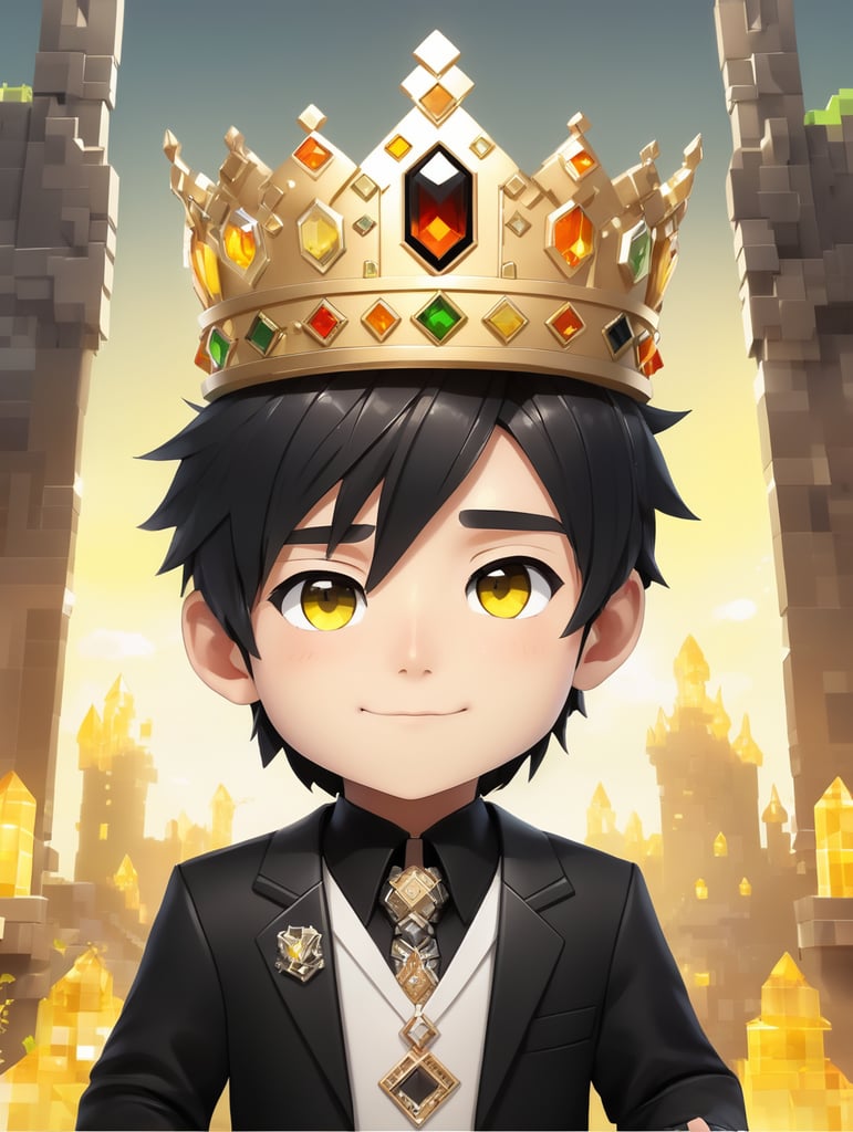 Cute anime boy with crown,black suit, minecraft background, yellowish eye,with glass in hand