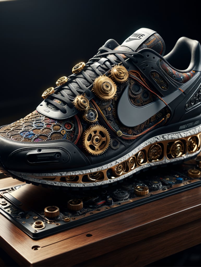 Nike sneakers made out gears, wires, mechanical, electronics, pcb, hyper-realis, futurist, stunning unreal engine render, product photography 8k, hyper-realistic. surrealism