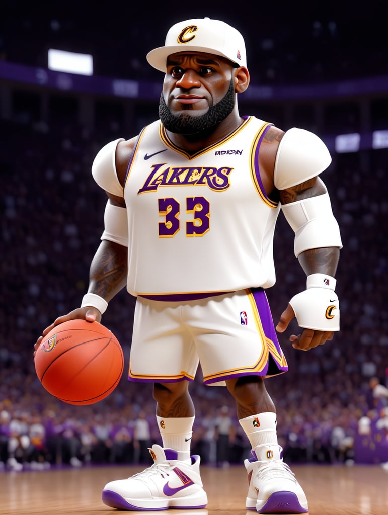 Animated Lebron james white a white jersey and a hat on holding a basketball