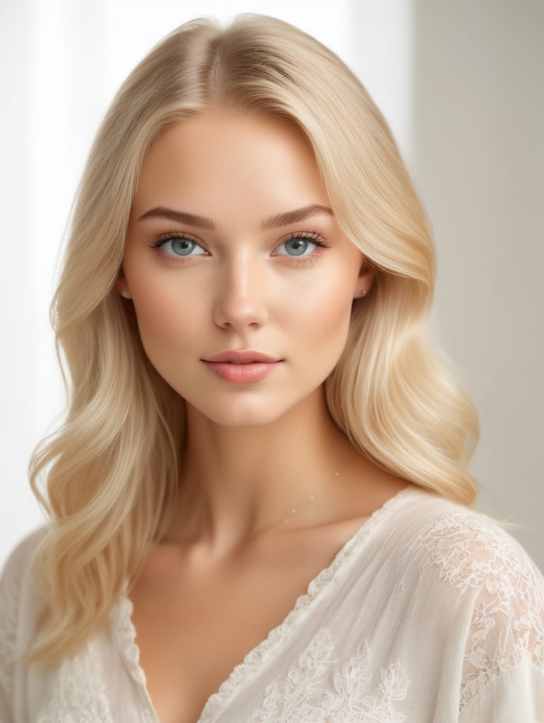 Beautiful girl with perfect facial features, downblouse, blonde