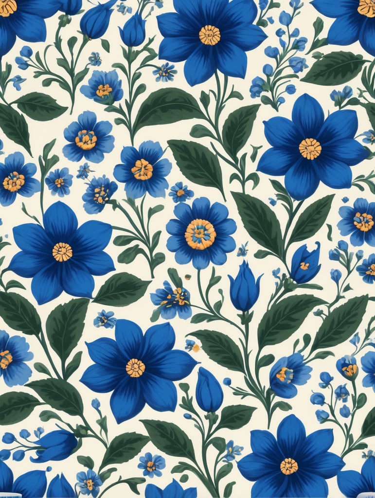 Seamless pattern beautiful floral pattern with blue flowers in the background, in the style of polish folklore motifs, juliana nan, mexican folklore - inspired, tivadar csontváry kosztka, clara peeters, texture exploration, blue color scheme, blue pallete, amoled, 264k render HD