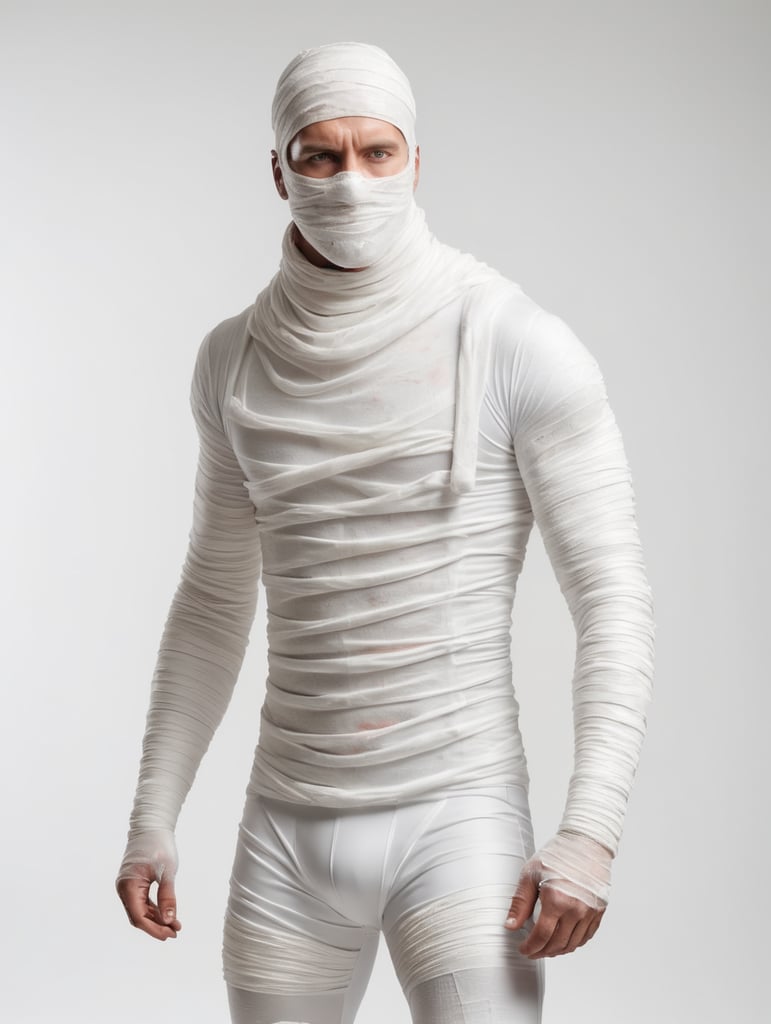 A photograph of man covered in bandages with realistic style, halloween costume, white background, full body, show hands, show neck and head