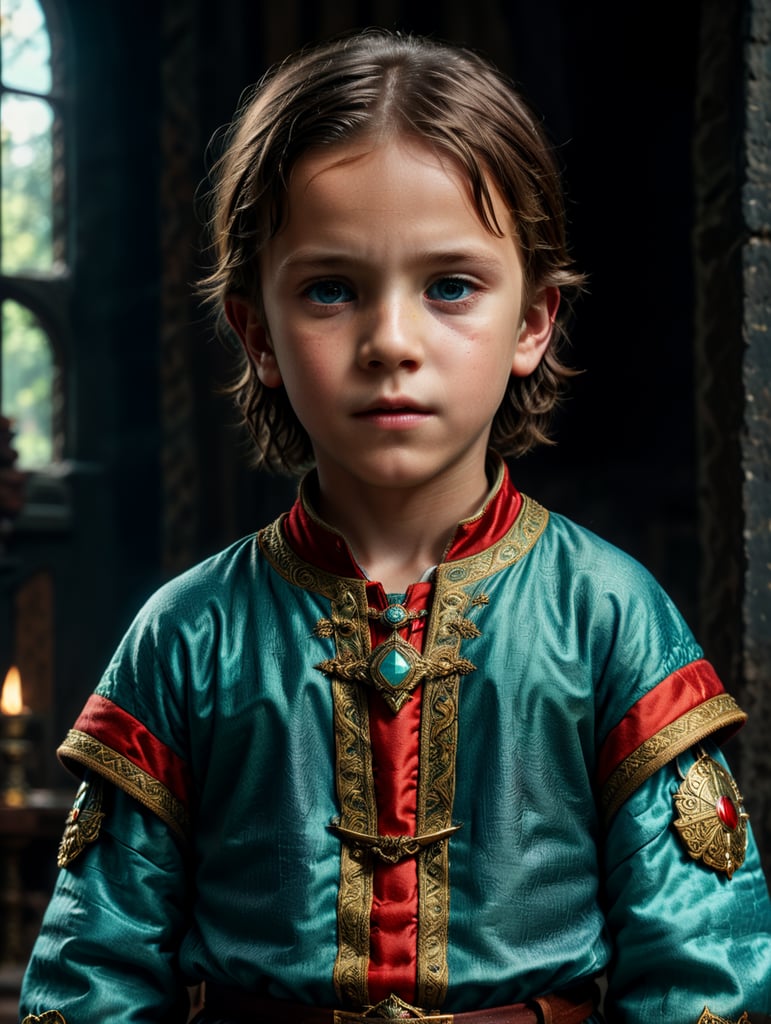 Portrait of child, half lenght, medieval clothes, Wes Anderson style, Incredibly high detail, Bright colors, turquoise green, light blue and red colors,