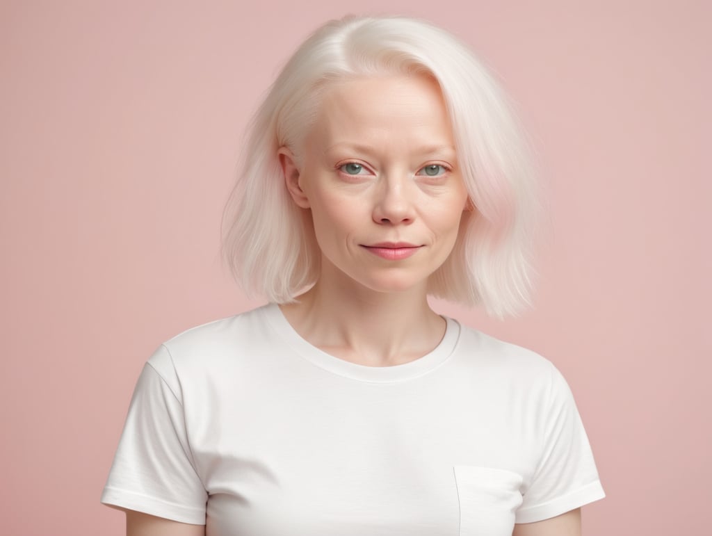 A middle-aged albino girl wearing a white T-shirt, isolated, pink background, mockup, mock up