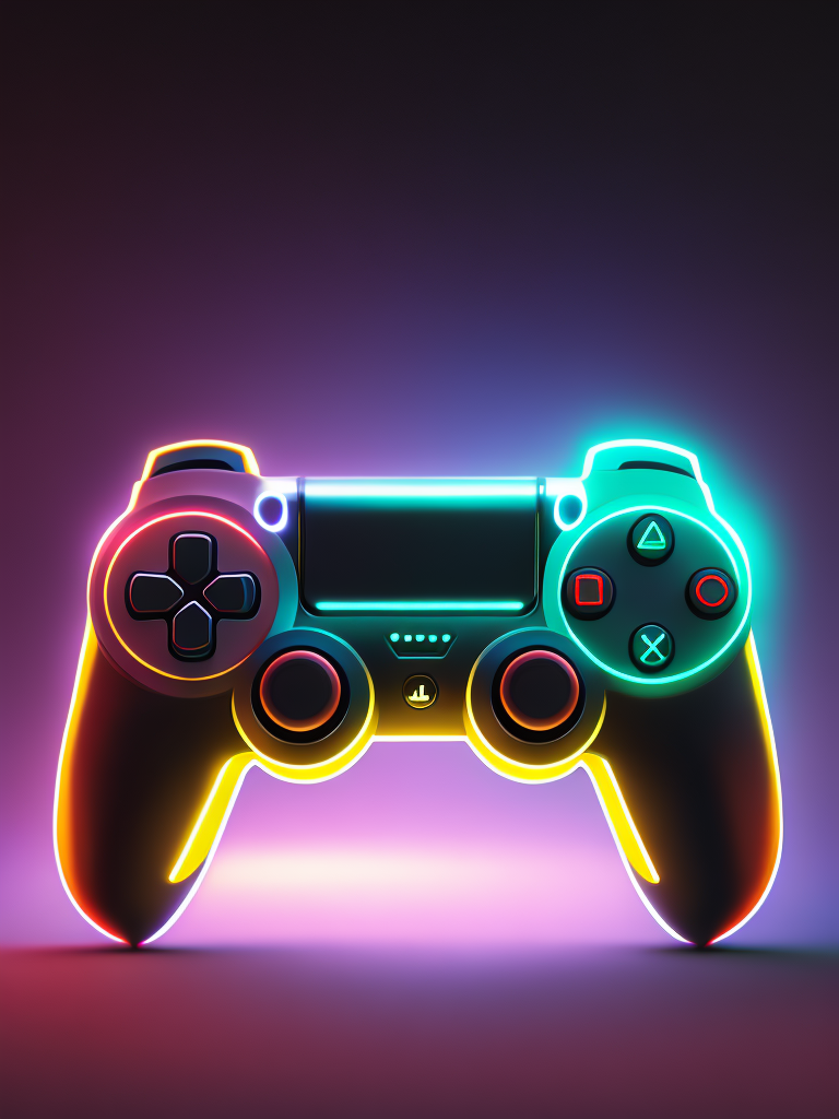 Design a futuristic, neon-colored gaming controller in the style of a playstation controller, glowing neon, semitransparent, deep vibrant colors, high details