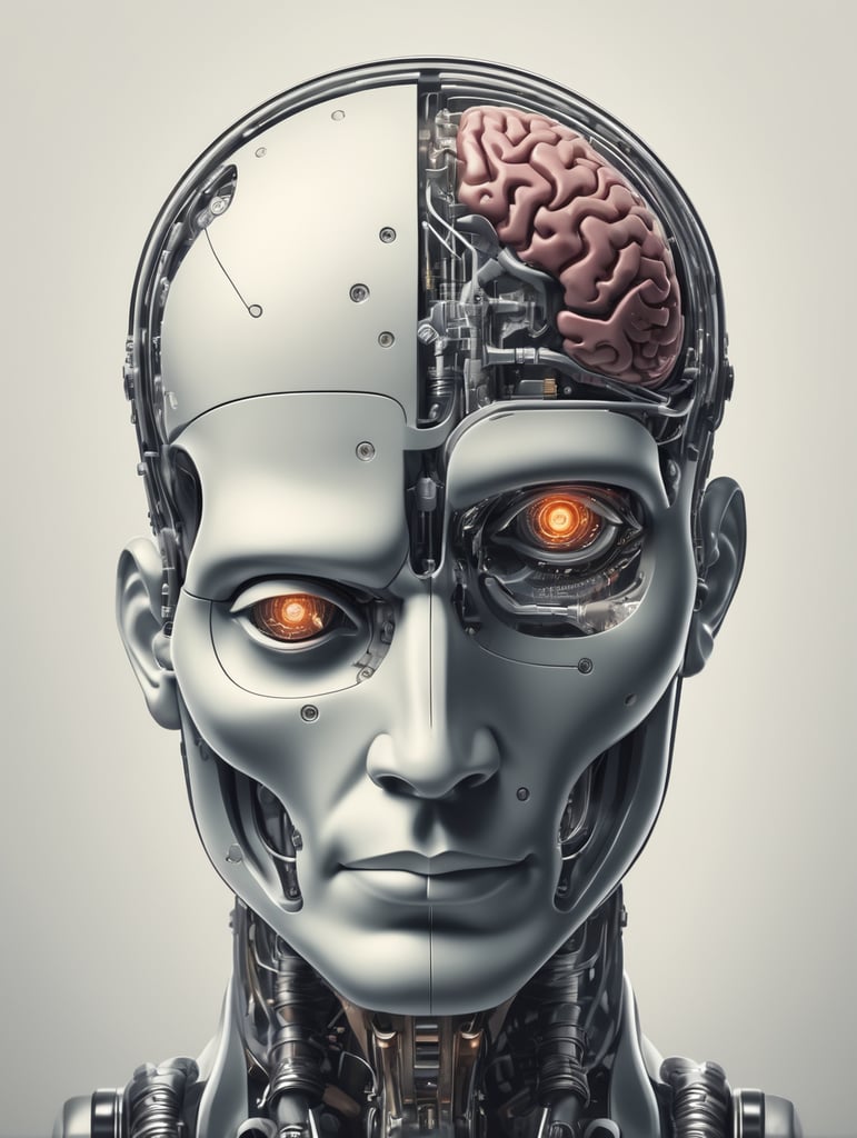 create a book cover on AI for Business Management and Social media marketing. cover image should look like a human with a transparent head and a robotic brain can be seen through the head.