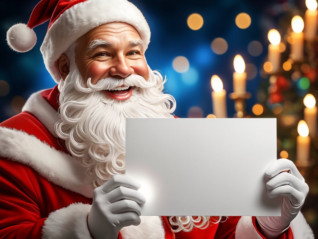 Portrait of Santa Claus smiling, White Background, holding a white business card, whimsical facial expression, flowing white beard, jolly caricature, saturated colors, red outfit, sharp focus, portrait photography, depth of field, dramatic candlelit lighting, incredibly high detailed, blue background, blurred background,
