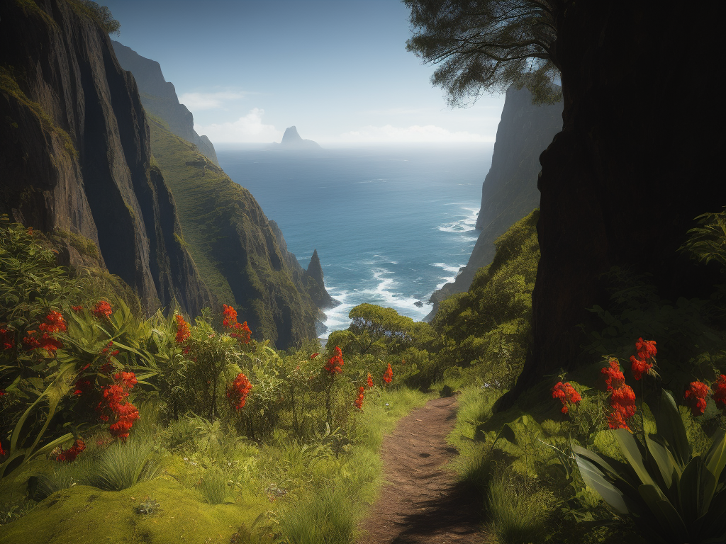 Madeira Island landscape, photorealistic, serene, peaceful, majestic, high detail, landscape, ultra hd, matte painting, highly detailed, concept art, contrast light, deep colors