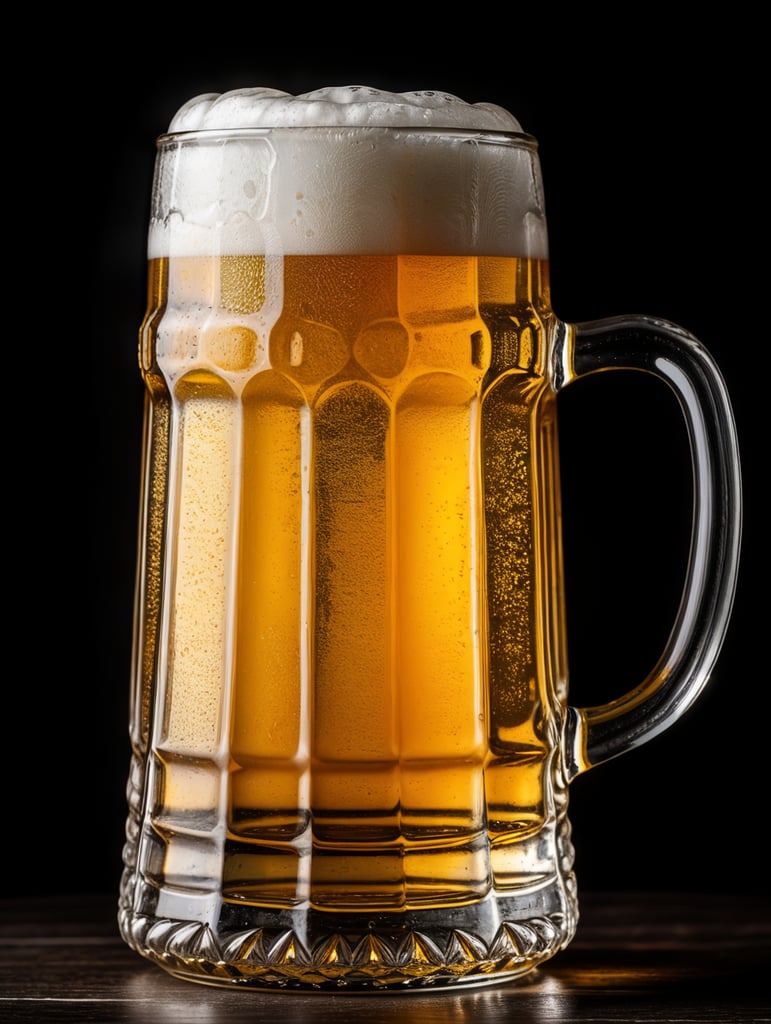 glass beer mug, isolated, black background, professional photo