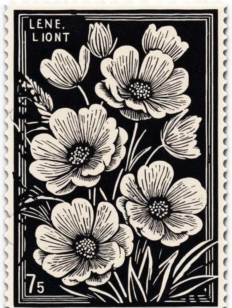 Black and white linocut postage stamp Valentine's Day thick bold dark lines