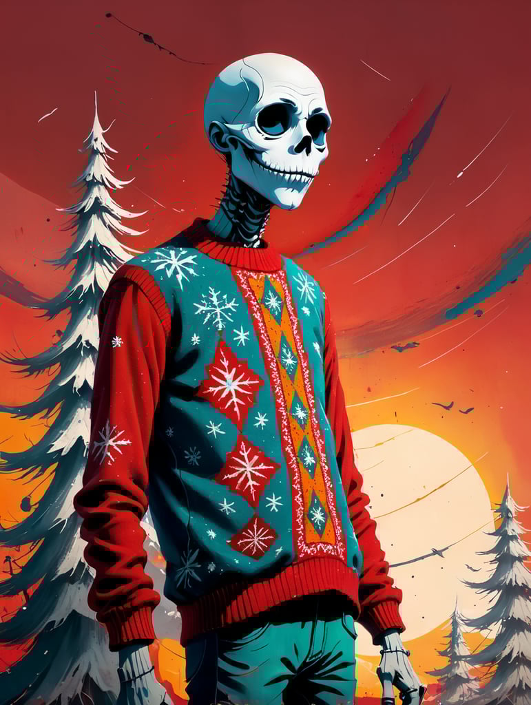 Jack Skellington standing wearing an ugly Christmas sweater red background