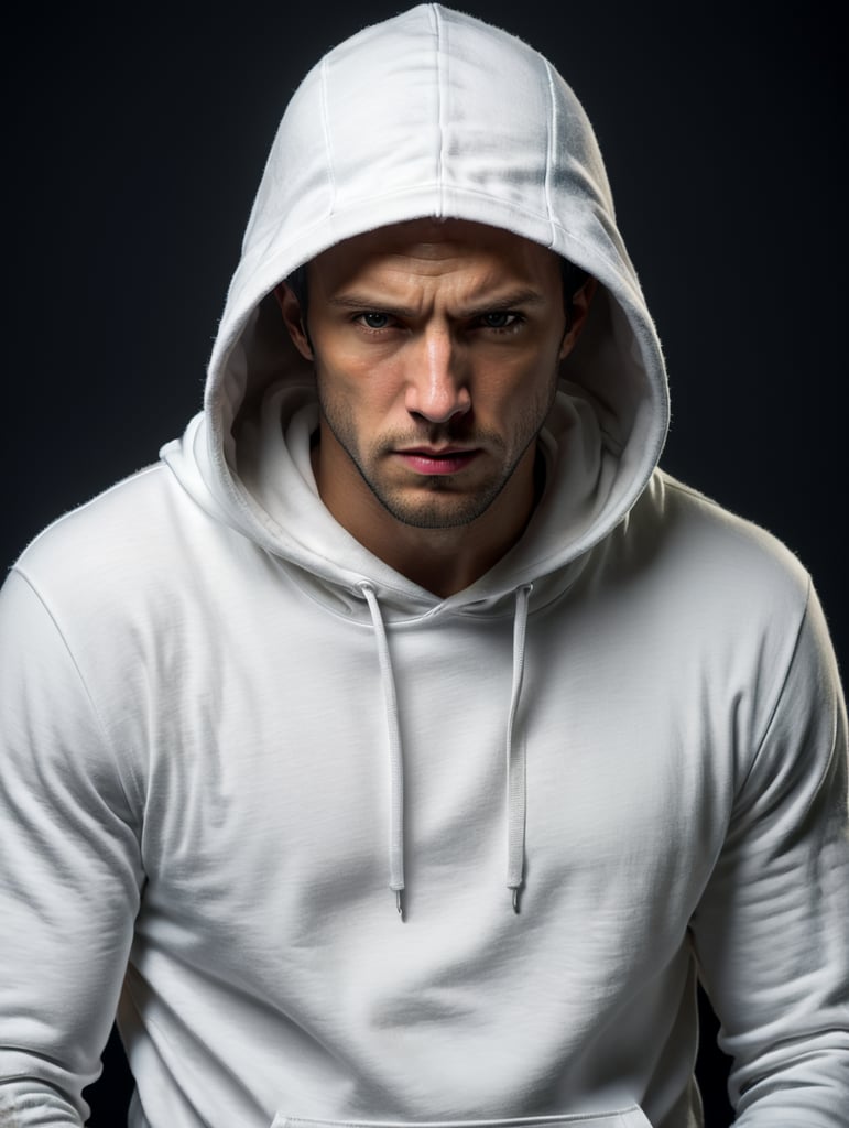 a man wearing blank white hoodie, Photography, USA, style of Tyler Shields