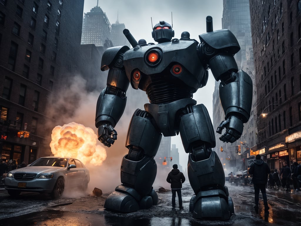 A giant robot jaeger fighting the stay puffed marshmallow man in New York city