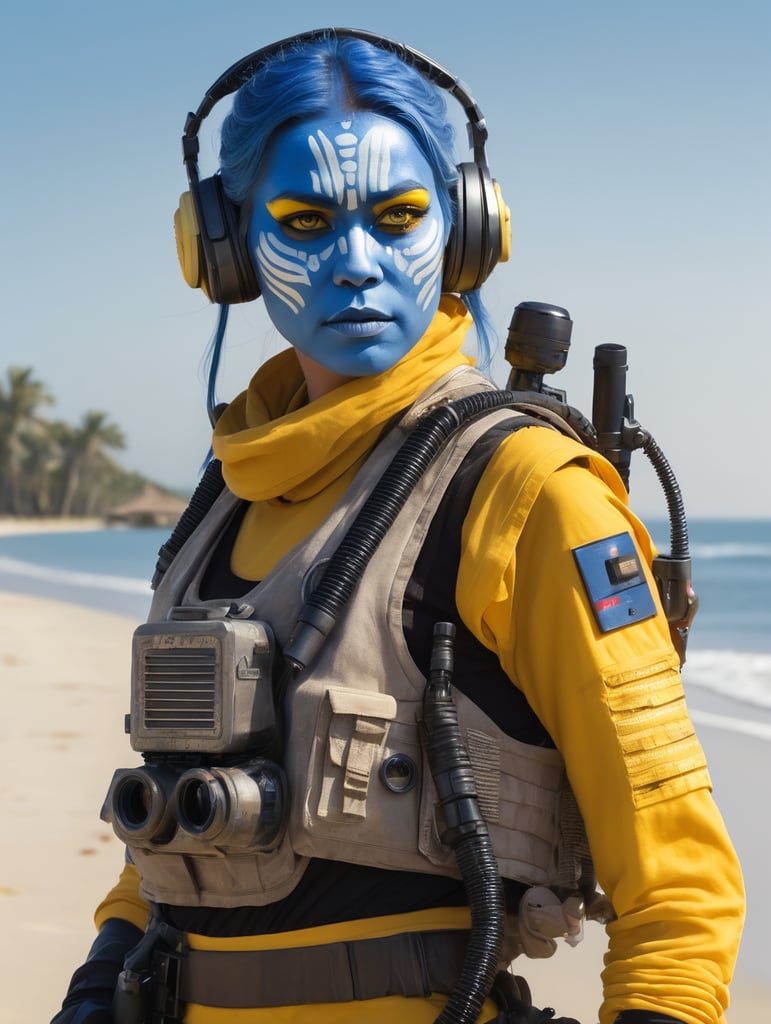 Star wars female pantoran with blue skin and yellow face warpaint. Wearing pilot vest and a radio headset. holding a small laser blaster along a sunset beach.