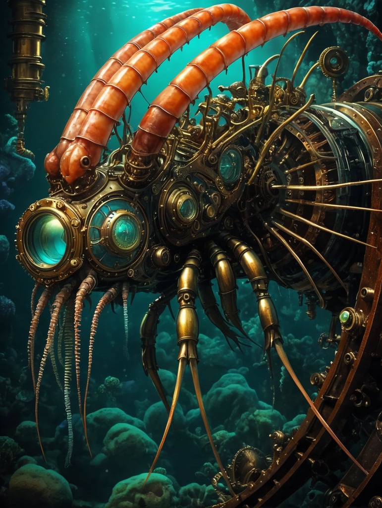 image beautiful steampunk unique artwork fantasy, steampunk style deep sea shrimp (Sergestes similis), skilled steampunk craftsmanship, isolate, deep ocean dark setting,