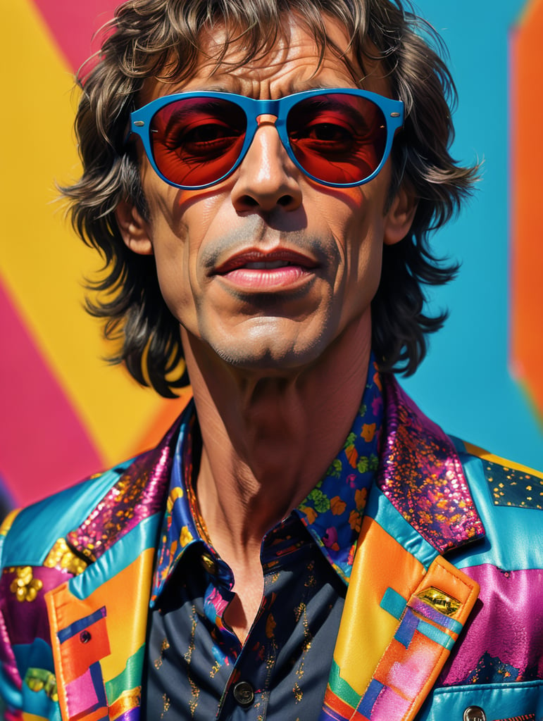 Mick Jagger wearing a brightly patterned jacket and wayfarer glasses, Vivid saturated colors, Contrast color