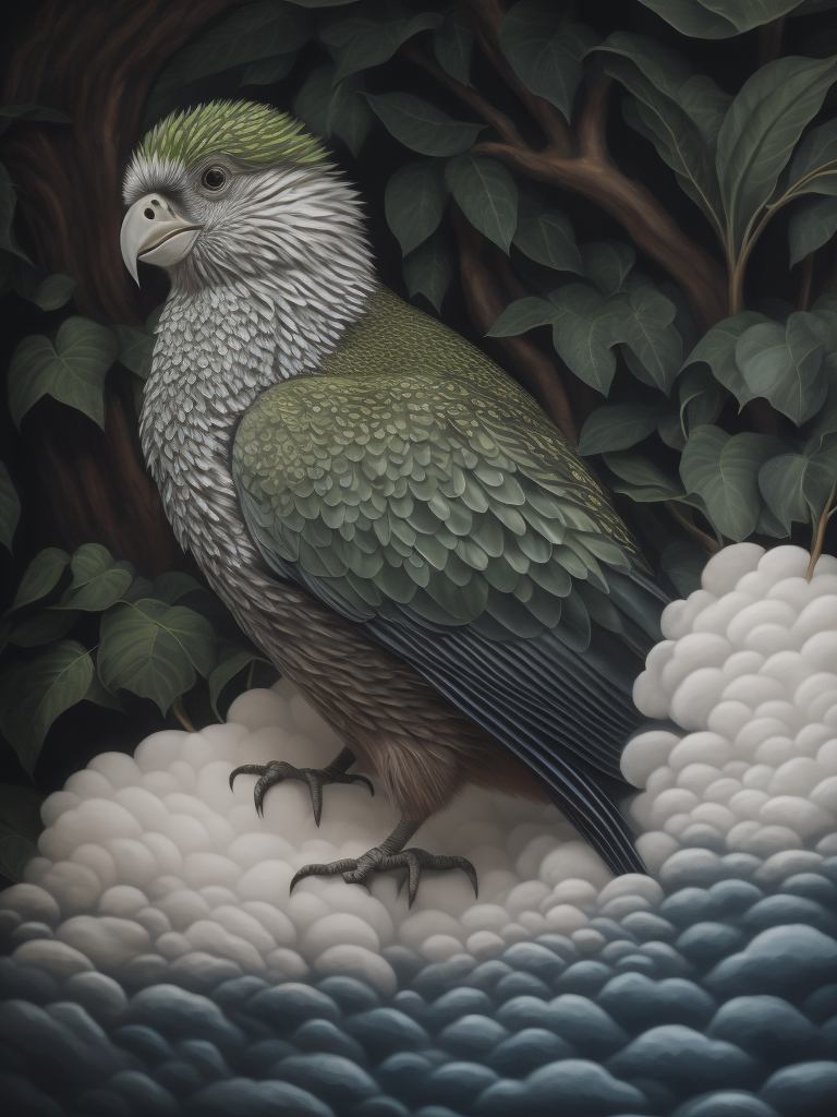 chinese mural kakapo made of clouds on a diorite wall, , in the style of carrie ann baade, futuristic chromatic waves, photorealistic detail, sculpted, ray collins, porcelain, dreamlike abstraction