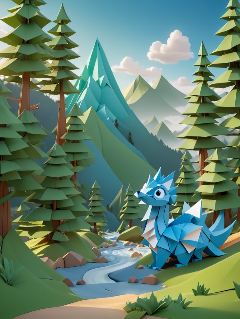 Origami, trees in the mountains