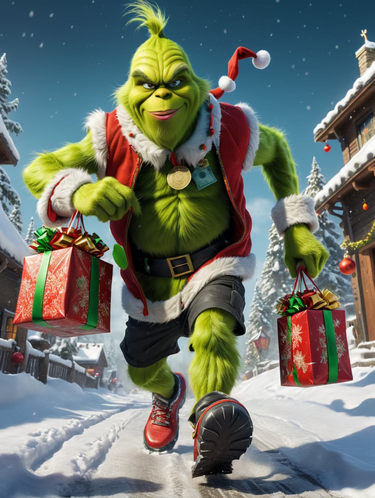 Grinch character running with money and Christmas gifts in snow boots