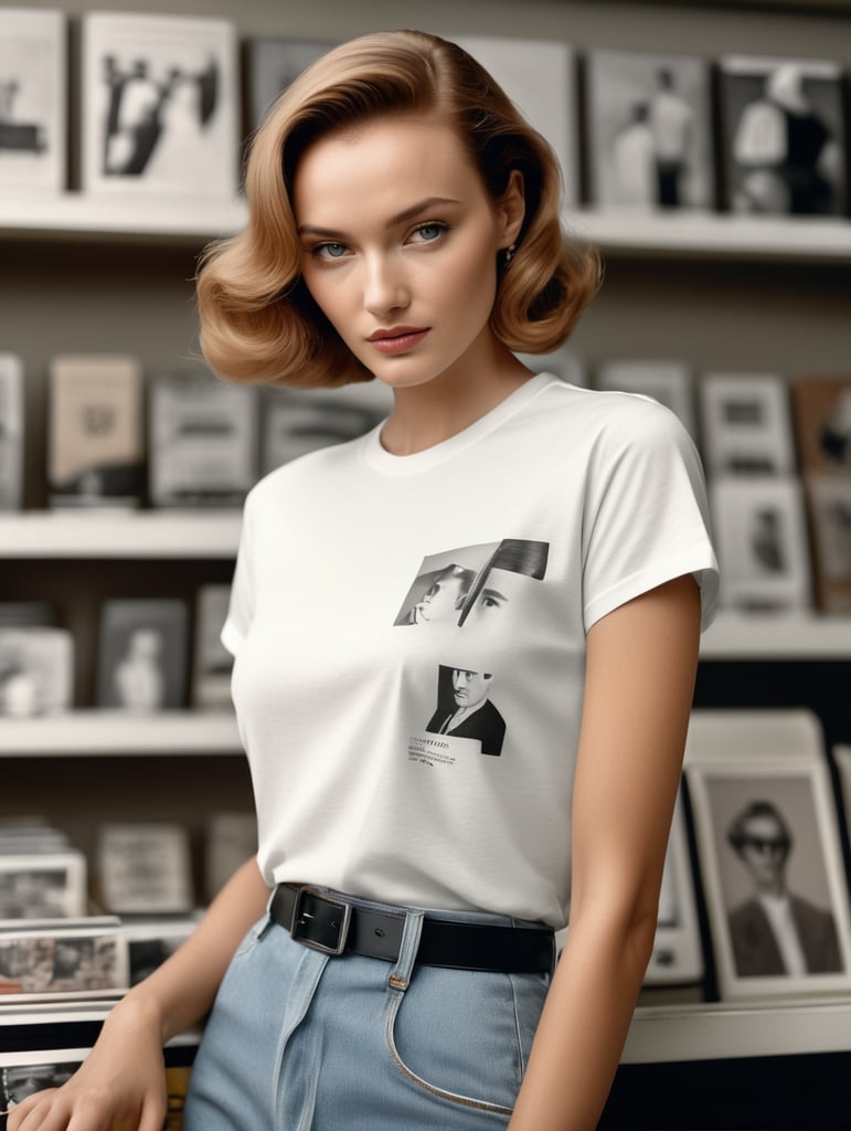 Extremely detailed photographic image, grained image, beautifully composed, monochrome image, 50's fashionable image, fashionable magazine photography, leica summicron 35mm f2.0, kodak 400tx, fashion photography, fashionable model, william s. burroughs, Woman wearing blank white T-Shirt in Clothing Store Mockup, mock up