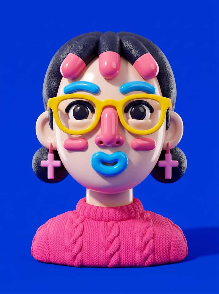 stylized 3D bust of a quirky character, glossy pale plastic skin, dark hair with three pill-shaped bangs, thick bright blue eyebrows, oversized yellow-rimmed glasses, large dark eyes, elongated pink pill-shaped nose, pink pill-shaped blush marks on each cheek, protruding blue donut-shaped mouth, pink cross-shaped earrings, matte textured hot pink sweater, solid vibrant royal blue background, vivid pop-surrealism design, extreme high-contrast color blocking, reflective facial elements contrasting with soft fabric, bright crisp studio lighting, sharp cast shadow