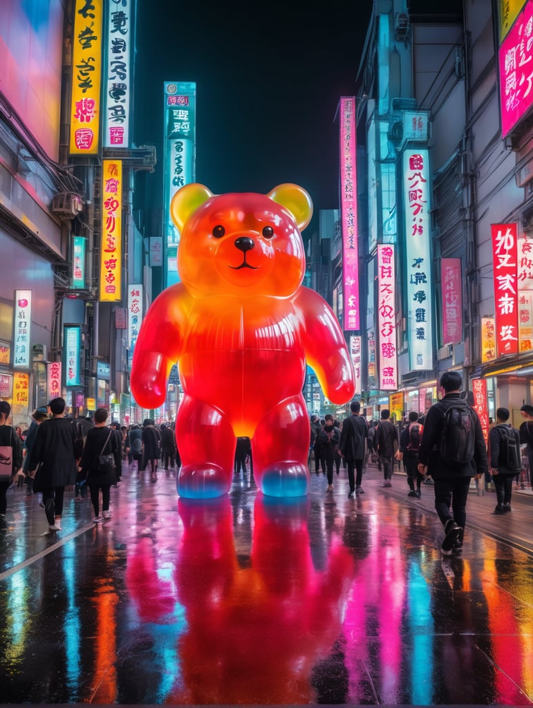 A giant Japanese gummy bear, translucent, 4 stories tall, walking through Tokyo at night, neon rainy city, cyberpunk, techno city