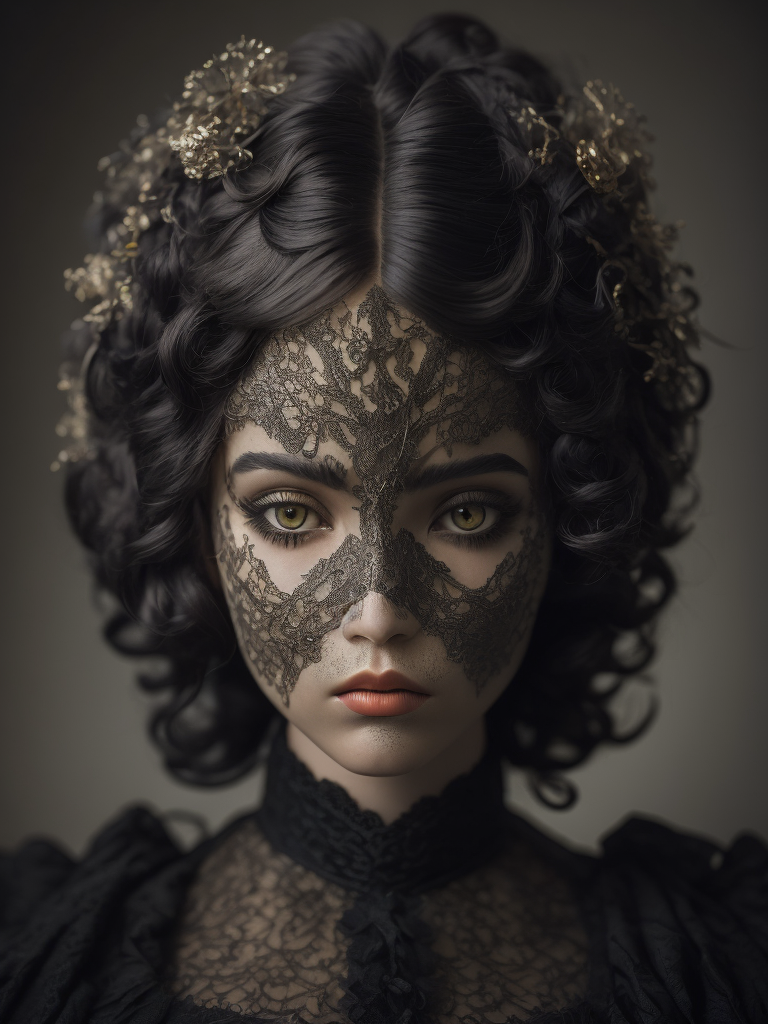 Quay Brothers style, Victorian porcelain doll's head, hair made of black mamba snakes, intricate black lace, muted colors, gothic horror, highly detailed