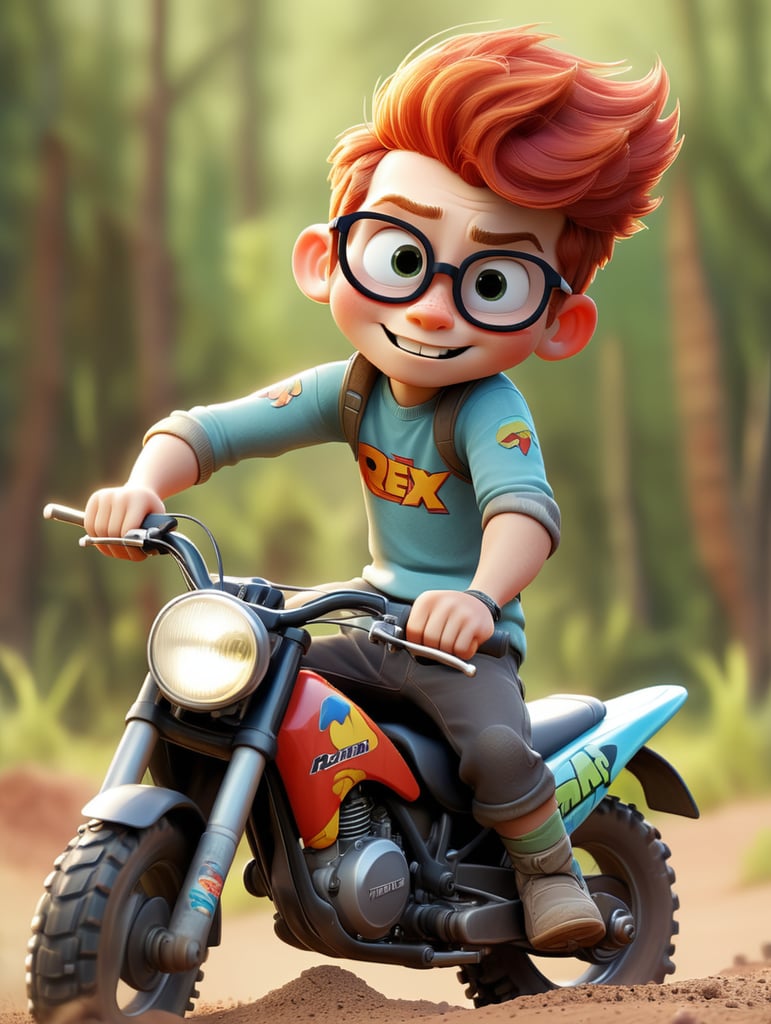 A boy with red hair and sunglasses riding a dirt bike